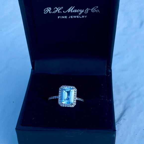 Macy's Jewelry - Lab-Grown Aquamarine (1-3/4 ct) and Sapphire (1/4 ct) Halo Ring in White Gold